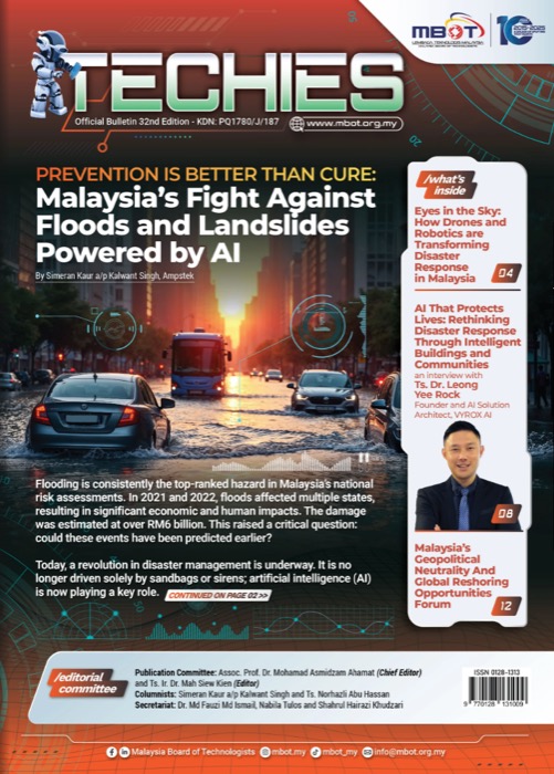 TECHIES magazine cover, 32nd edition, published by MBOT (Malaysia Board of Technologists), featuring an interview with VYROX founder Dr. Leong Yee Rock on AI in disaster response and intelligent buildings
