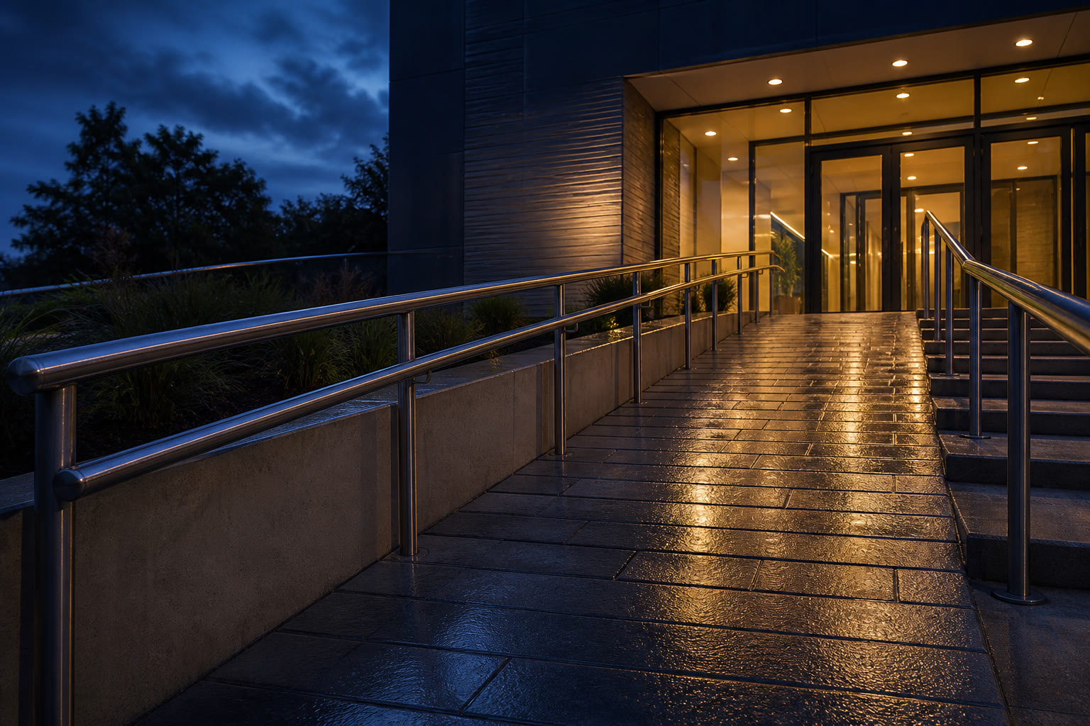 A gently ramped accessible entrance to a commercial building at dusk, a wide ramp with tubular handrails beside shallow steps, glazed doors lit warm at the top.