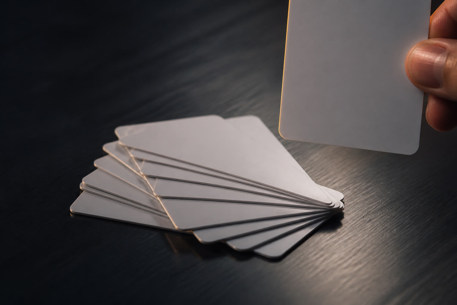 A small stack of blank white plastic access cards fanned on a dark desk, one held upright between two fingers at the edge of the frame.
