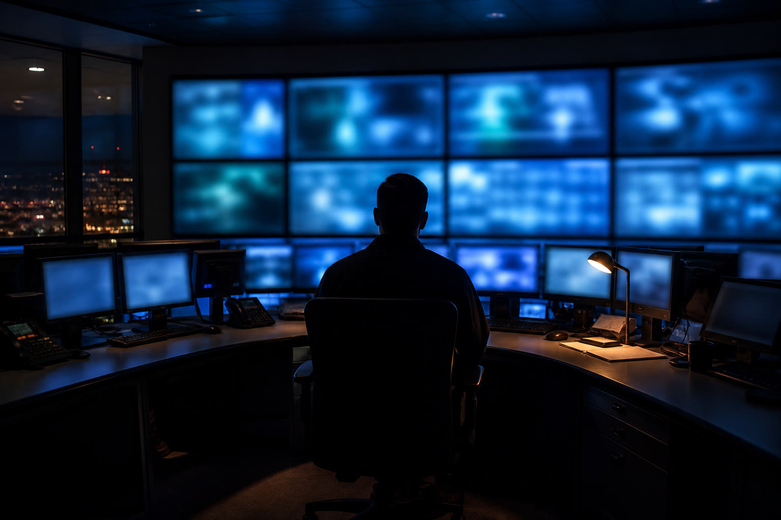 A dim building operations control room at night, a curved desk facing a wall of softly glowing monitors, one operator silhouetted from behind.