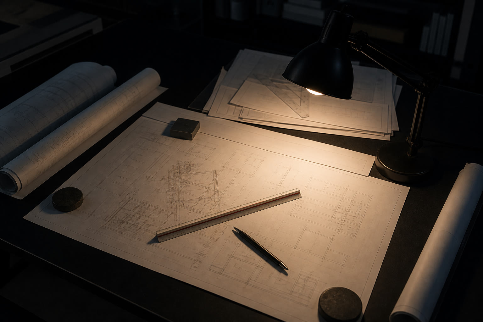 A dark desk at night with rolled and flat technical drawings weighted open under an angled task lamp, a scale rule and a pen laid across them.