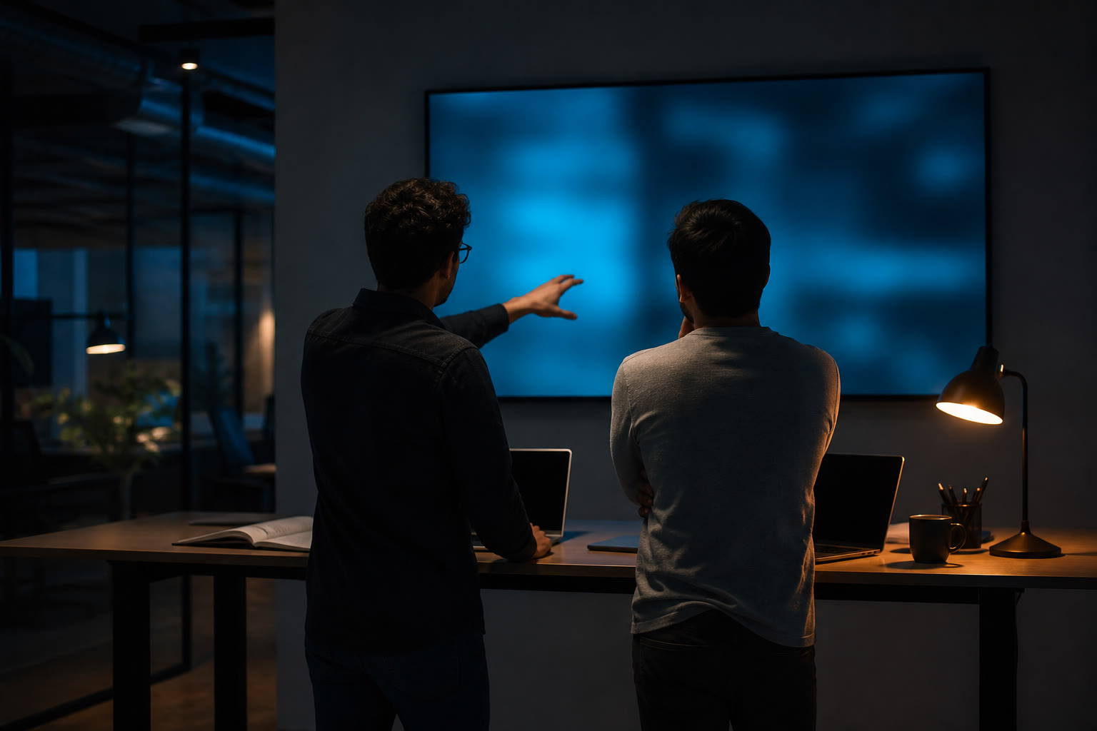 Two engineers seen from behind at a standing desk in a dim office at night, studying a large wall-mounted display glowing with soft blue light.