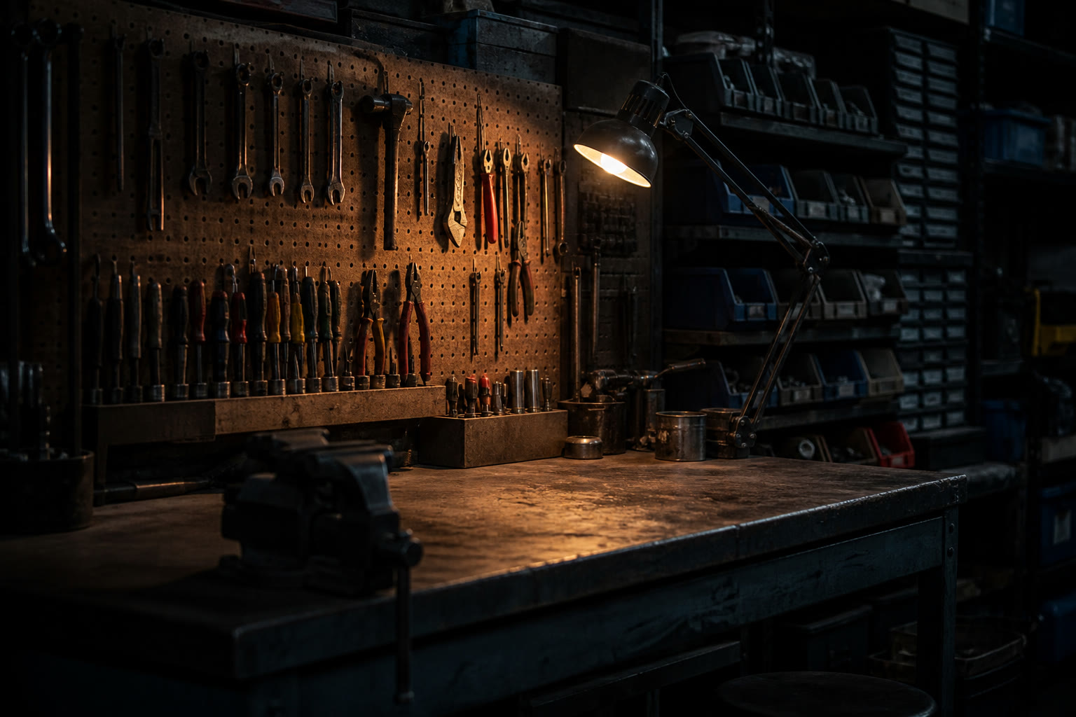 A building maintenance workshop at night, a pegboard of hand tools above a scarred workbench with shelves of small parts bins behind, lit by a task lamp.