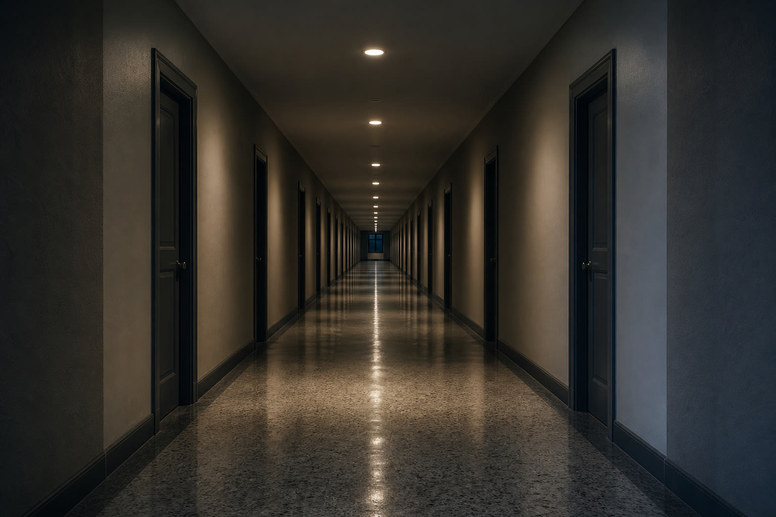A long institutional corridor at night, terrazzo floor and painted plaster walls with evenly spaced recessed ceiling lights receding into the distance.