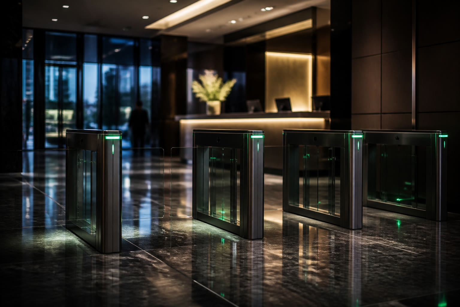 A corporate lobby at dusk with a row of glass security speed gates in the foreground, green status lighting along their tops, and a reception desk softly out of focus beyond.