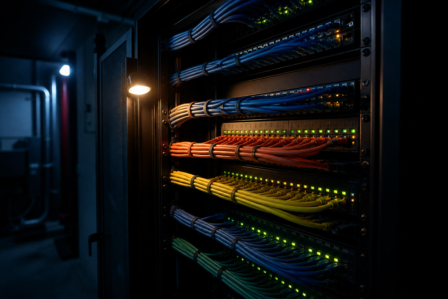 A communications rack in a building riser at night, structured cabling in neat colour-coded bundles running into patch panels, with rows of switch port lights glowing green and amber.