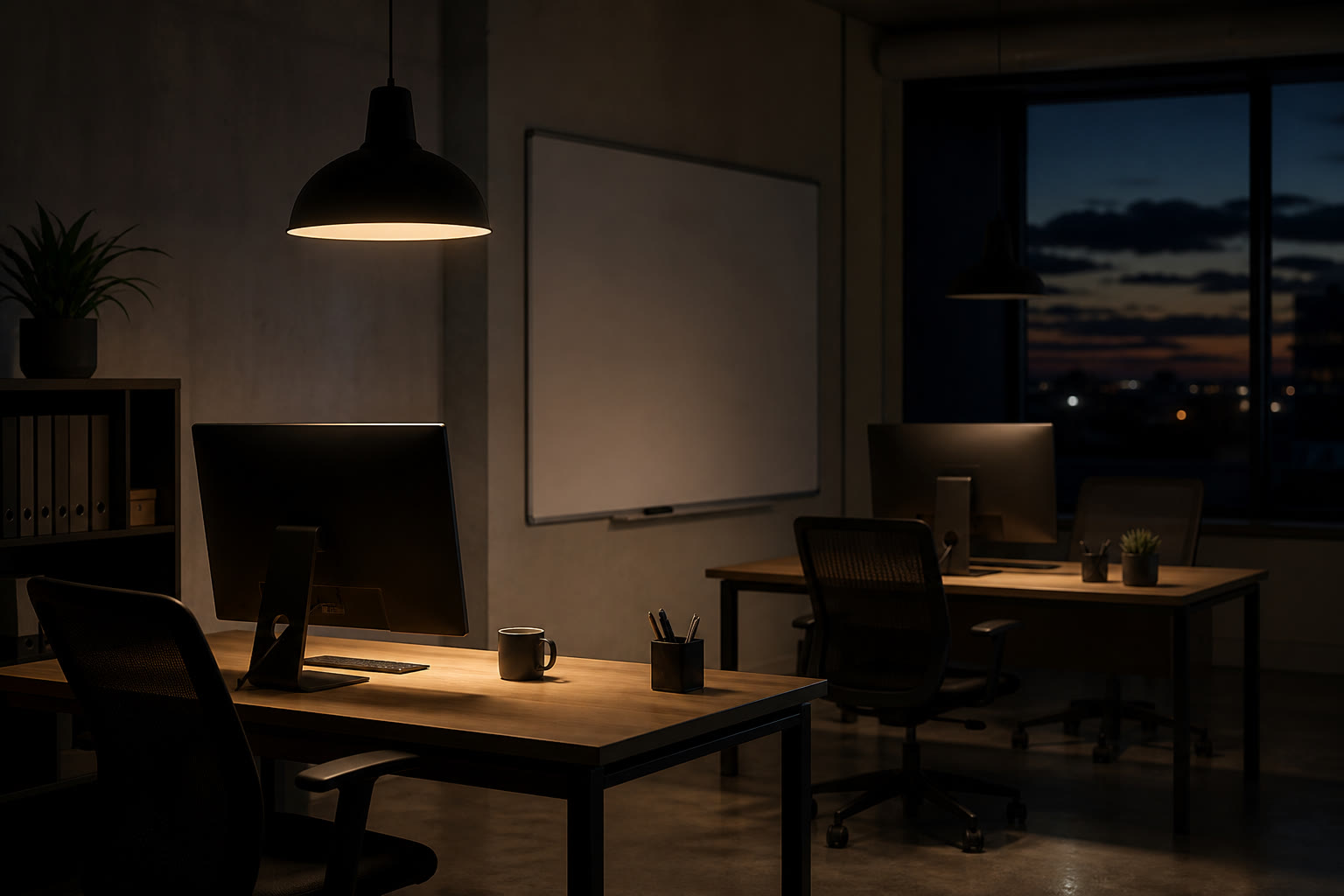 A small engineering office in the evening, two empty desks with monitors turned away, a wiped whiteboard, a warm pendant over the near desk.