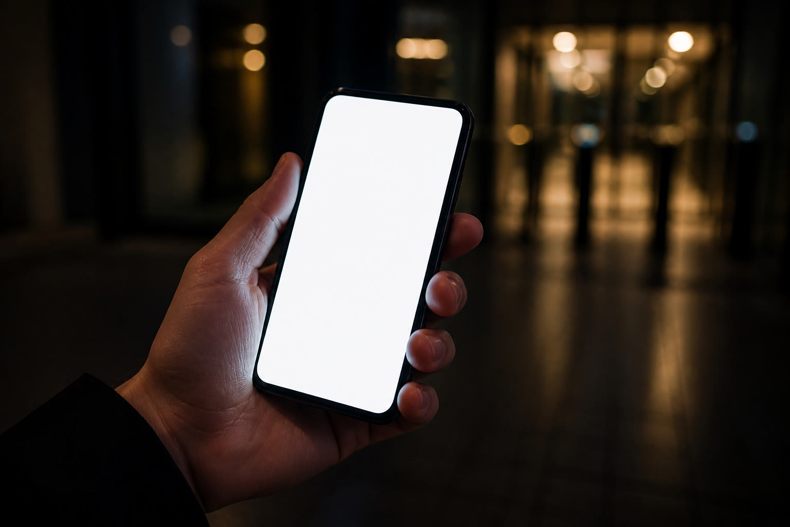 A hand holding a phone raised at chest height in a dim entrance at night, the screen a soft featureless glow lighting the fingers.