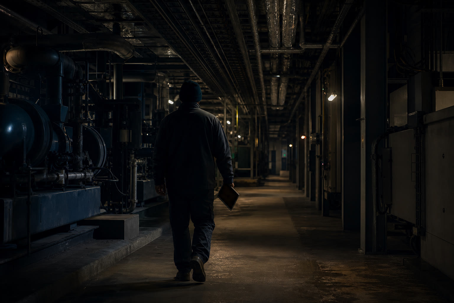 A technician in plain workwear seen from behind walking between plant equipment at night, a tablet held low with a dark screen, pipework and containment running overhead.