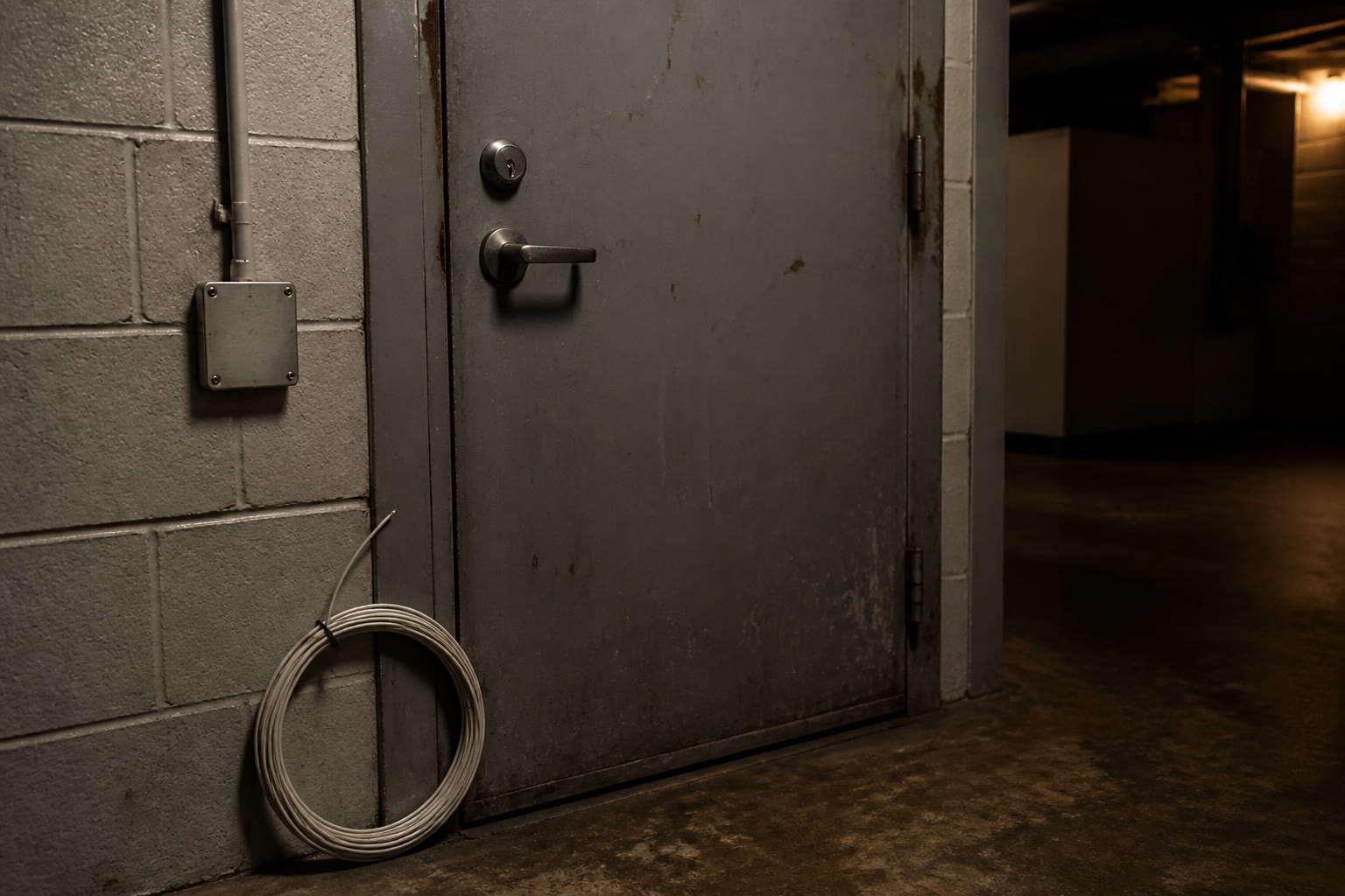 An old painted steel door in a service corridor with redundant surface conduit and a blanked-off backbox where a reader used to be, fresh cable coiled beside it.