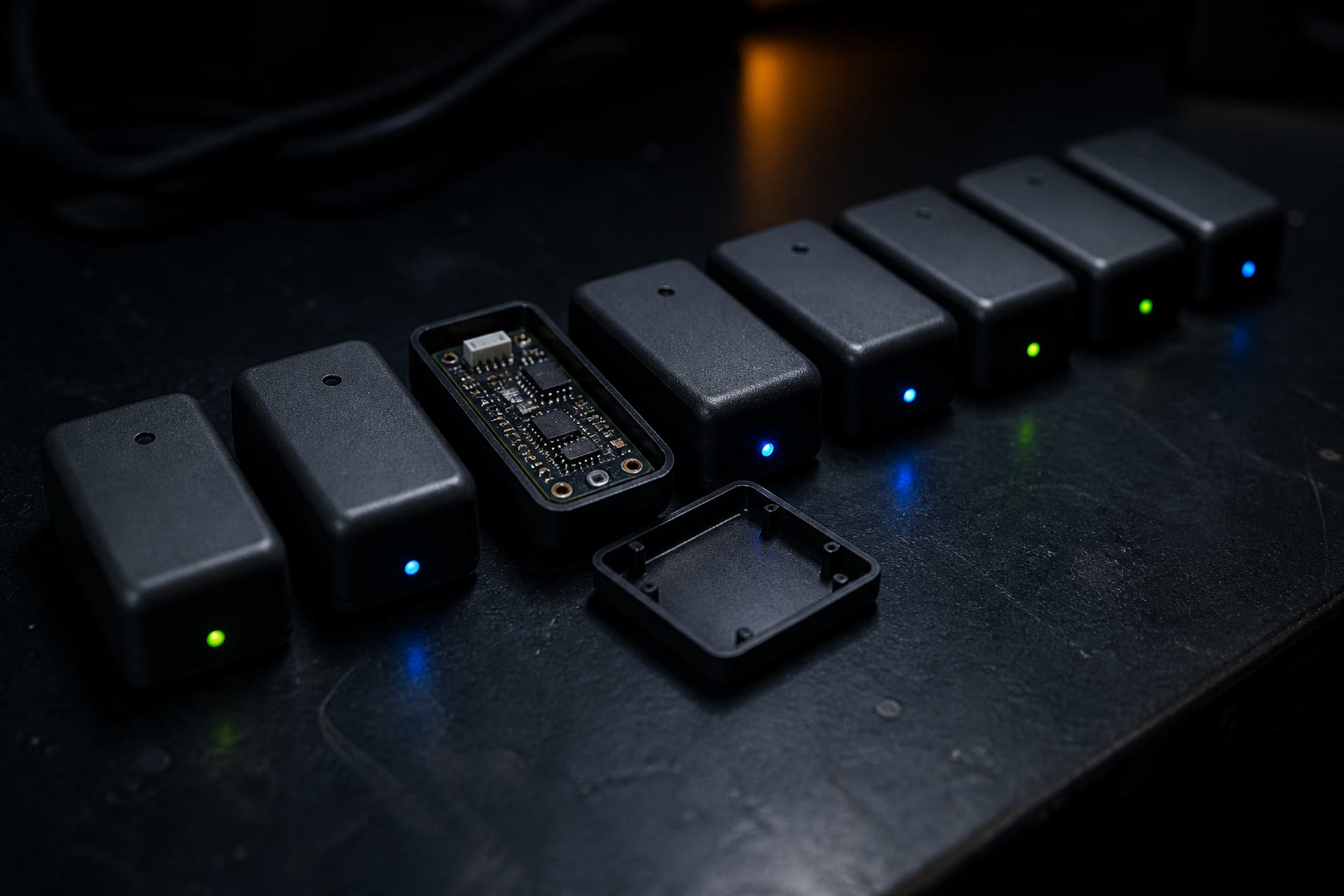 Eight small plain sensor modules laid out in a row on a dark bench, one with its lid removed showing a bare circuit board, tiny status LEDs lit.