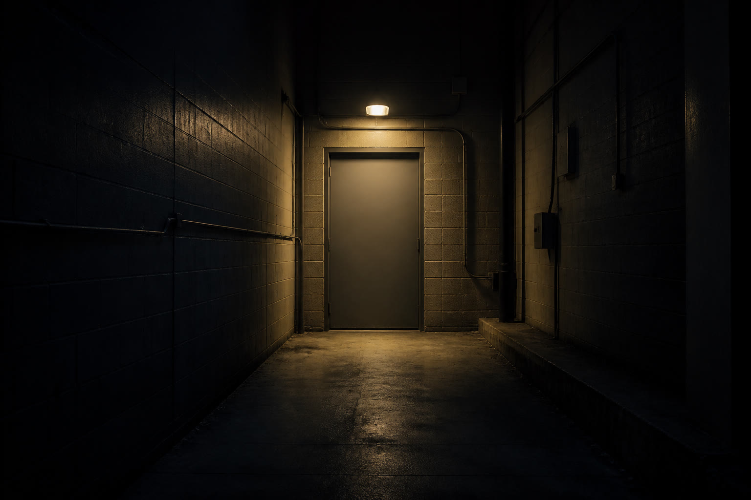 A plain painted steel service door at the end of a dim back-of-house corridor at night, lit by a single warm bulkhead light.