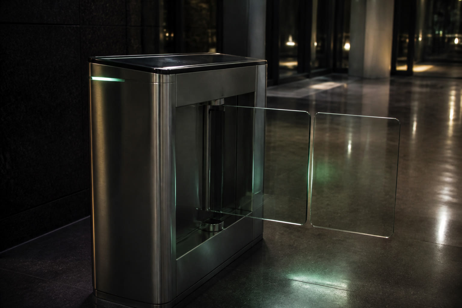 A close three-quarter view of a glass security speed gate pedestal in a dim lobby, brushed steel top cap and glass barrier wings half open.