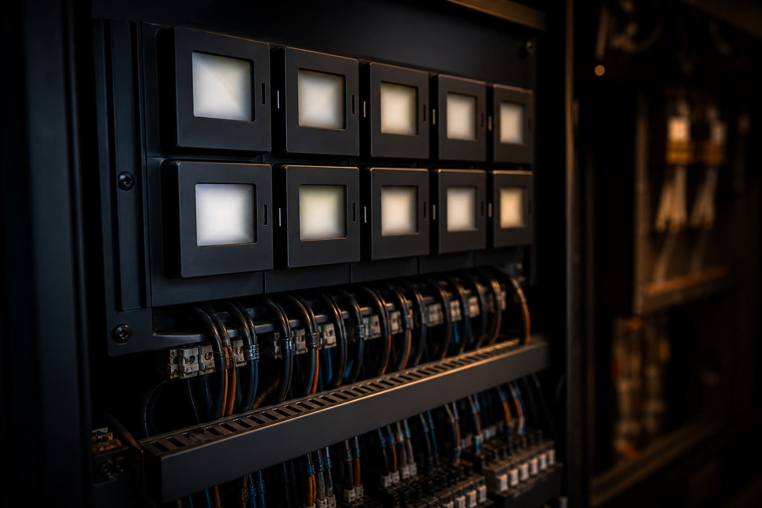 An electrical sub-metering panel, a neat grid of small instrument faces whose displays read as soft indistinct glow, with current transformer wiring dressed in below.