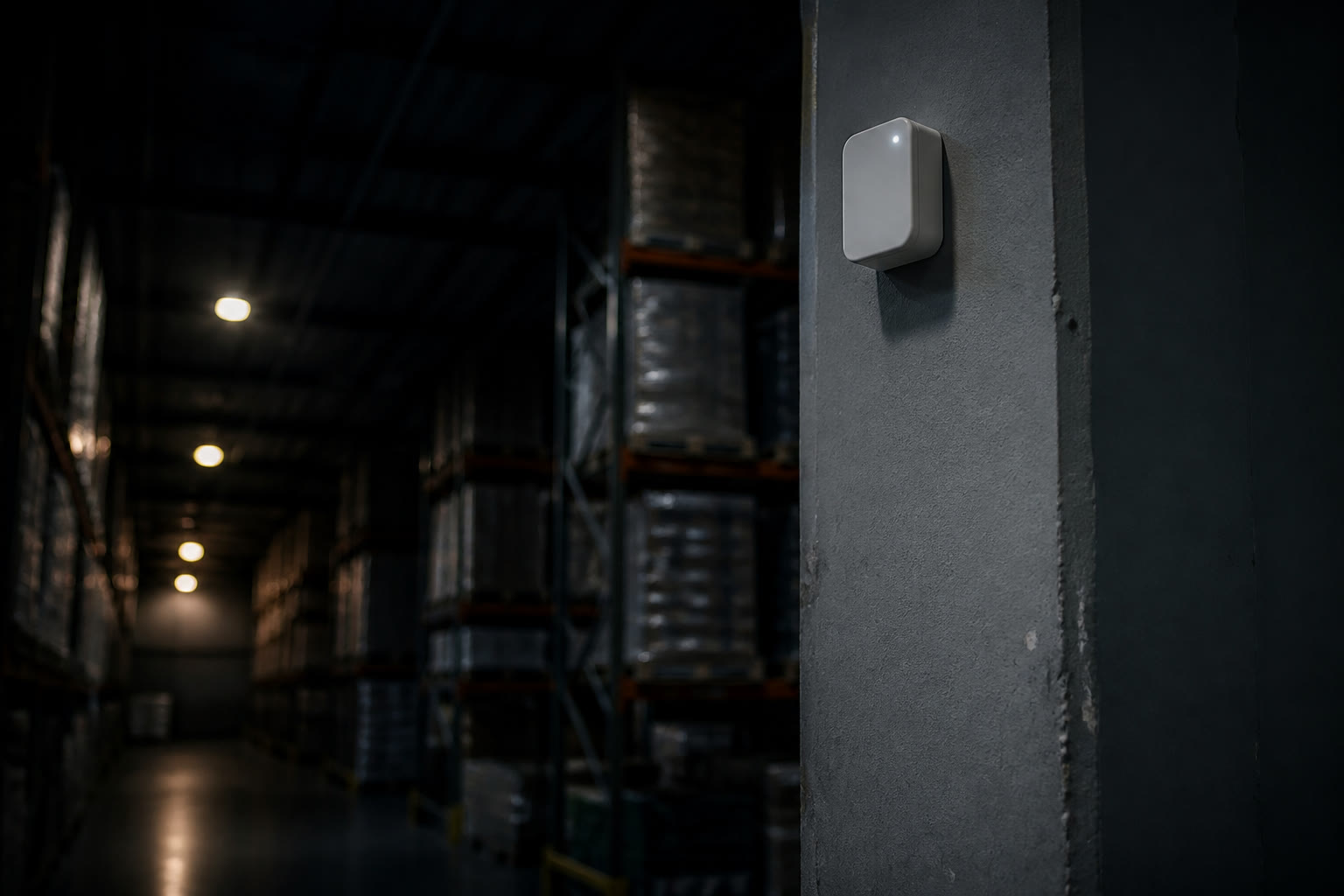 A small plain white wireless sensor mounted high on a column in a dim warehouse, a tiny status light lit, racking receding out of focus behind.
